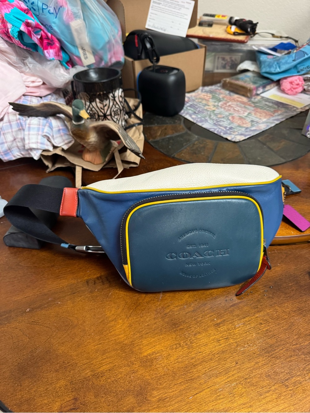 Coach Track Belt Shoulder Bag In Blue/yellow/white Leather Never Worn